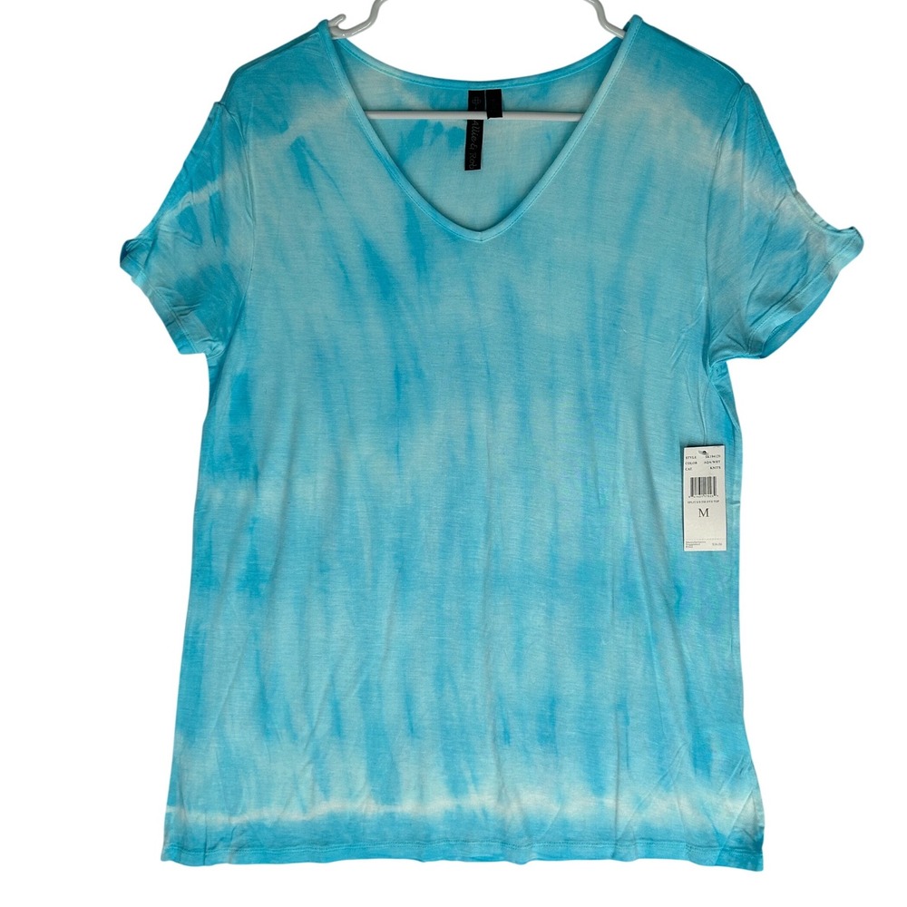 Allie & Rob Aqua and White Tie Dye Split‎ Short-Sleeve Tee Shirt Women's Med NWT